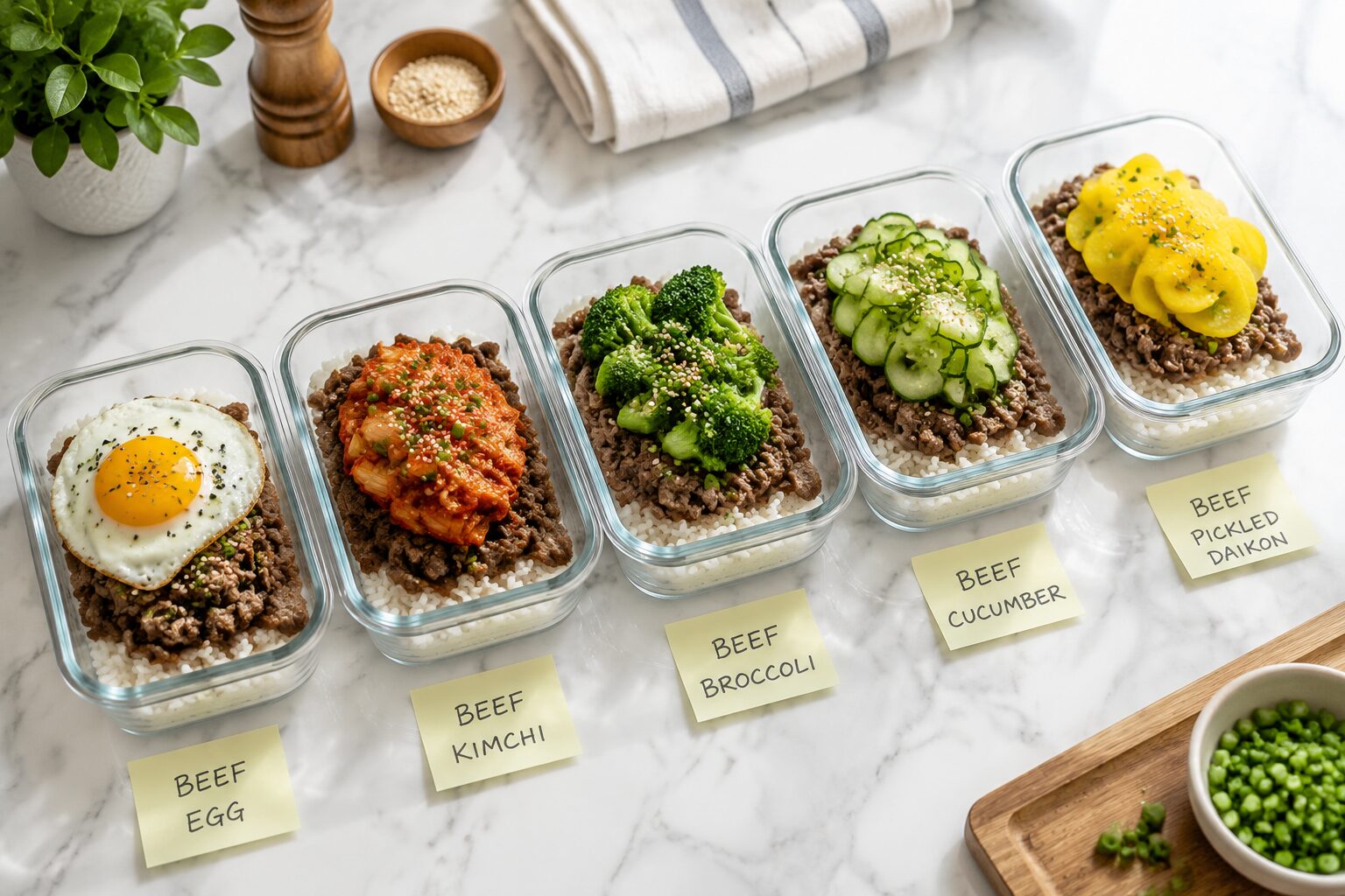 () editorial photo showing five distinct Korean beef rice bowl variations lined up side by side in clear glass rectangular