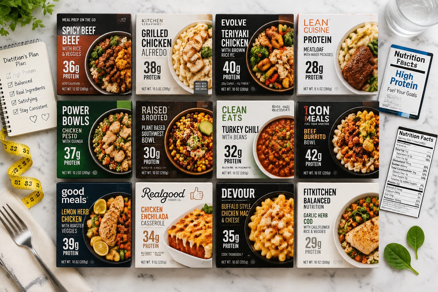 () editorial-style flat-lay photograph shot from directly above showing 12 different high-protein frozen meal packages