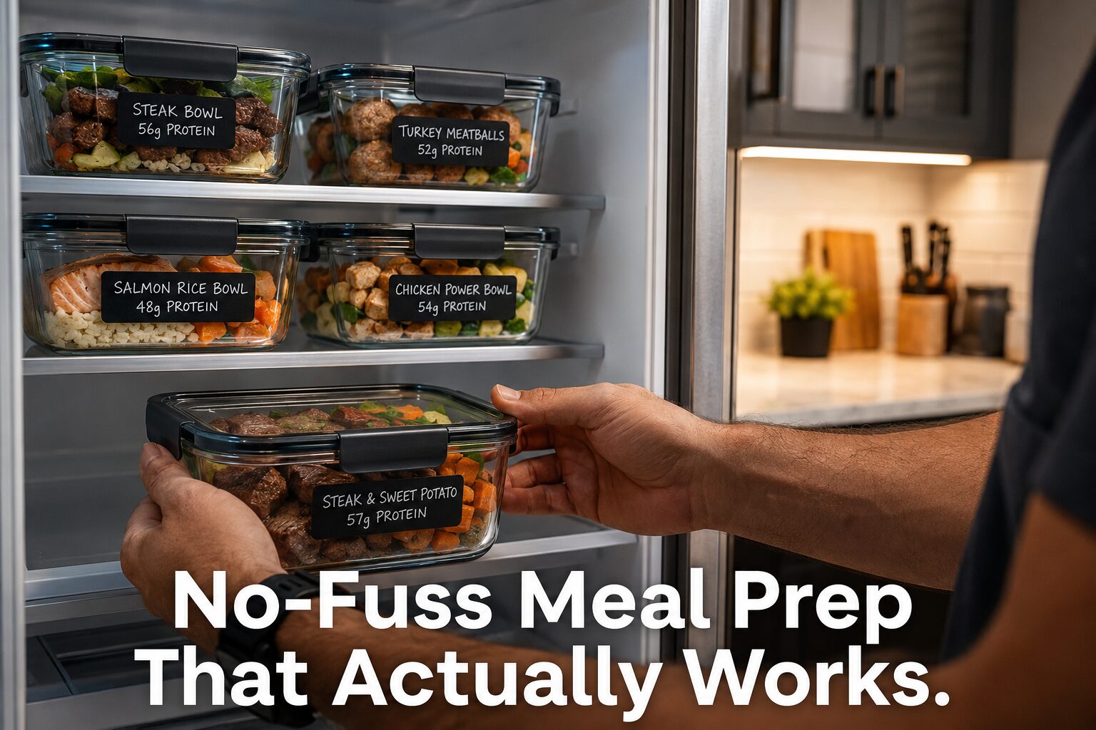 () eye-level shot of a man's hands placing a sealed glass meal prep container into a refrigerator shelf already stocked with