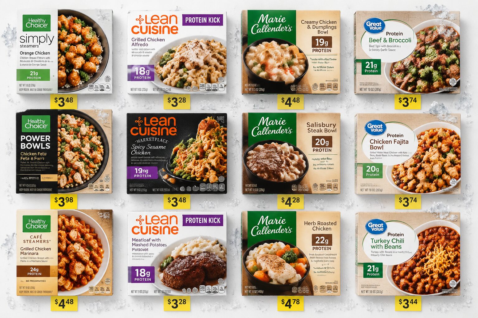 () flat-lay editorial photo showing 12 different high-protein frozen meal boxes arranged in a 4x3 grid on a clean white