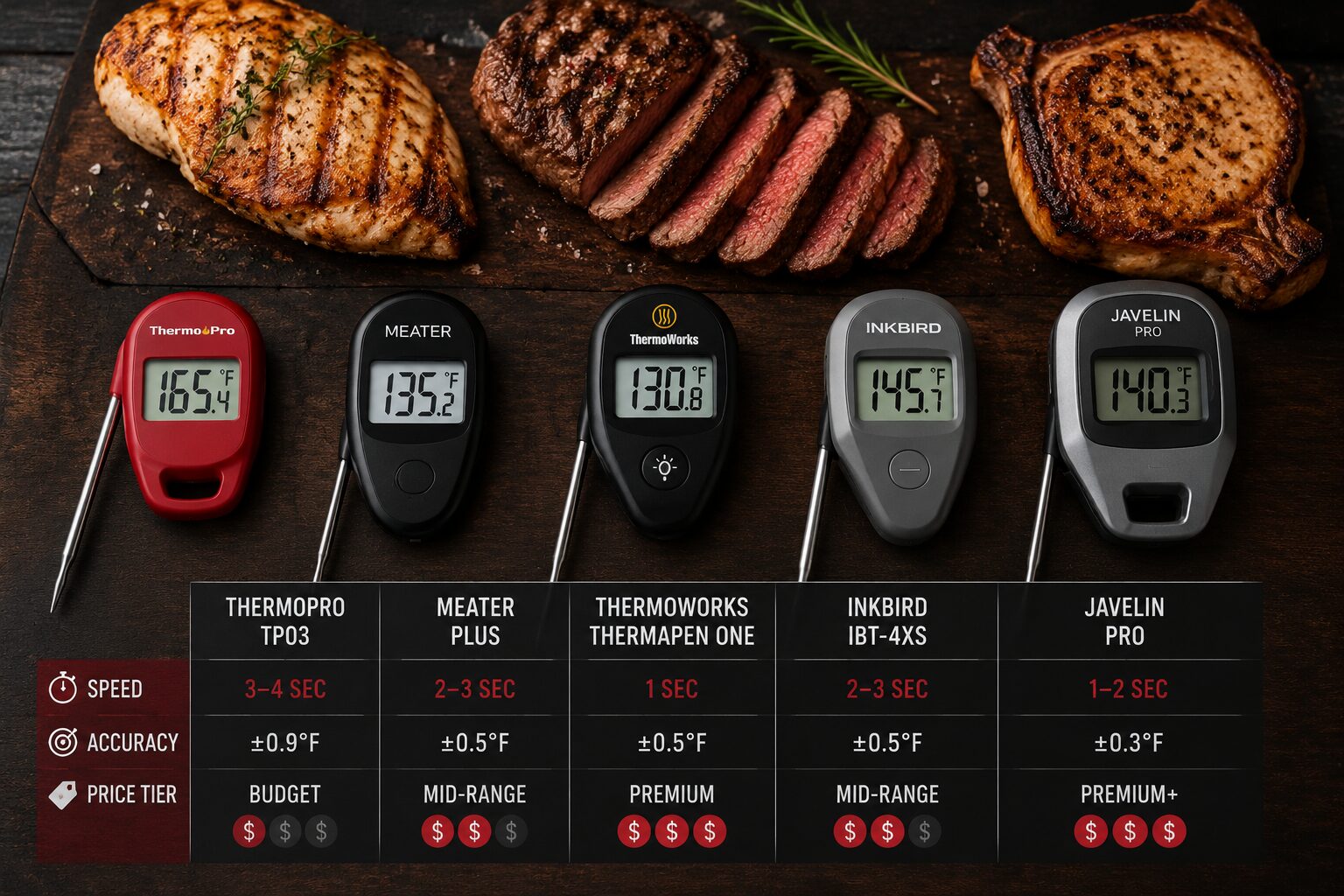 5 Best Instant-Read Meat Thermometers Tested for 2026 2 () flat-lay editorial photo showing five different instant-read meat thermometers side by side on a dark wooden cutting