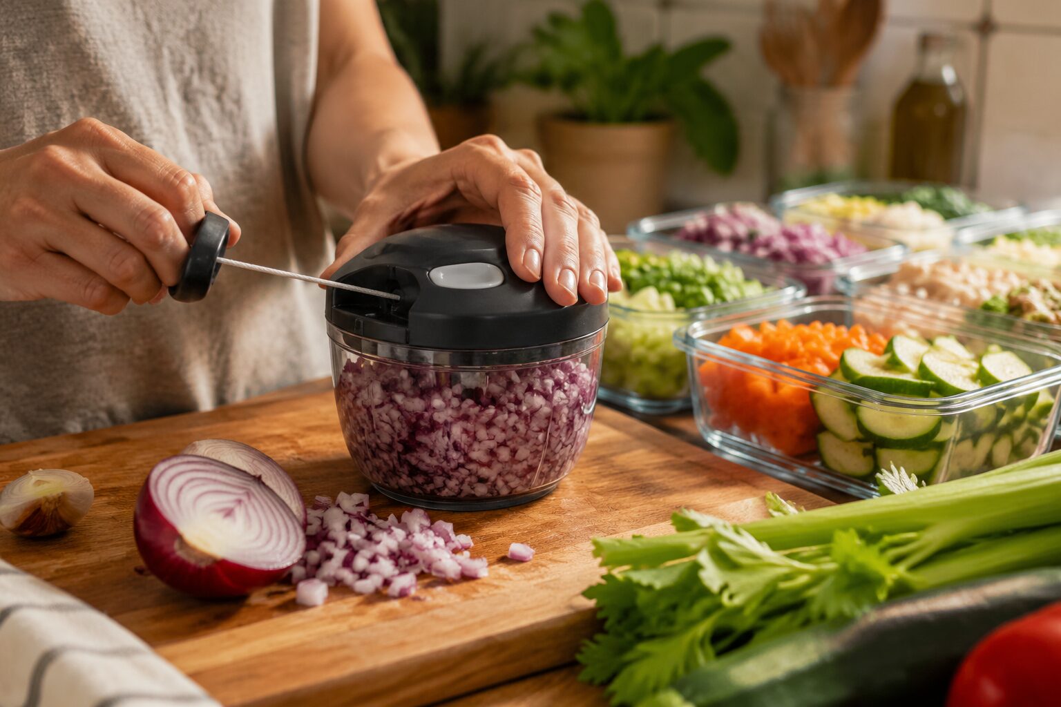 () image showing a person's hands using a pull-cord vegetable chopper to dice a red onion on a wooden cutting board, with