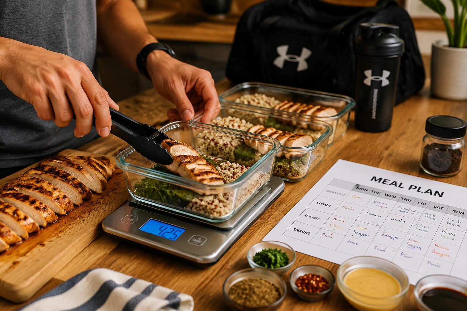 10 High-Protein Meal Prep for Muscle Gain (35g+ Protein Each) 3 () image showing a side-angle close-up of a person's hands portioning grilled chicken breast and quinoa into glass meal prep