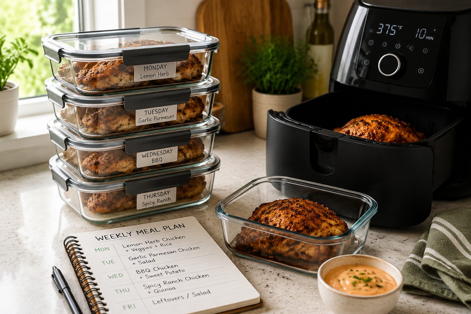 () kitchen counter scene showing the meal prep storage and reheating process: four sealed glass containers of cooked air
