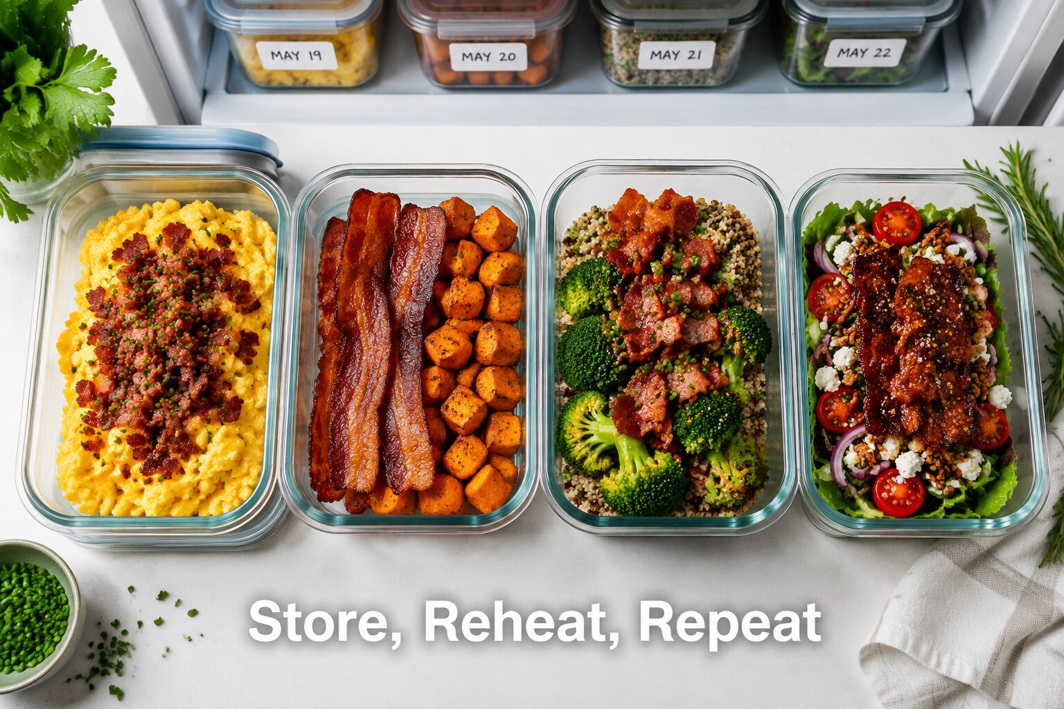 () organized meal prep flat-lay showing four glass containers with lids, each filled with different cooked bacon