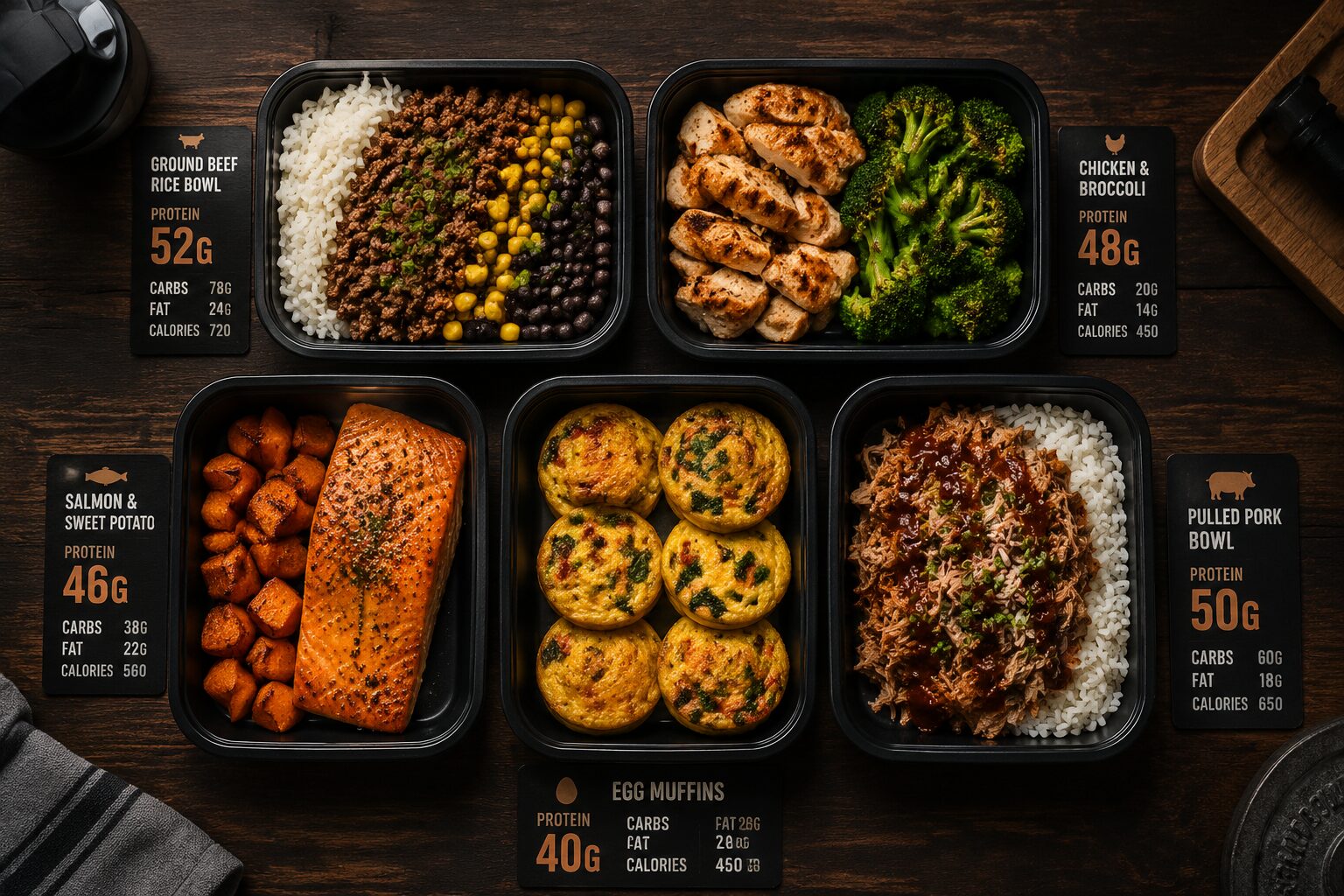 () overhead flat-lay shot of five meal prep containers arranged in a grid on a dark wood surface, each filled with a