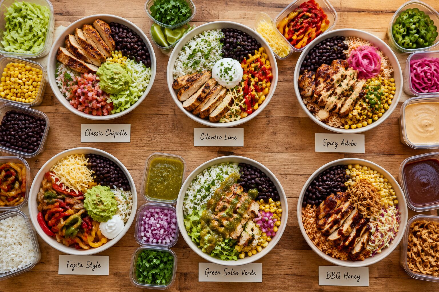 () overhead flat-lay shot of six distinct chicken burrito bowl variations spread across a wooden prep table, each bowl