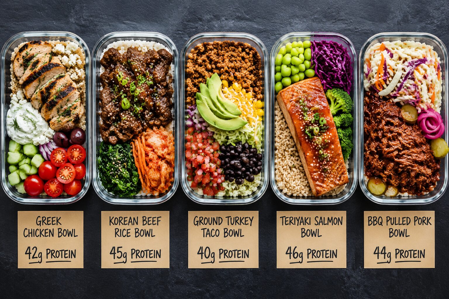 7 High-Protein Lunch and Dinner Meal Prep Plans for the Week 3 () showing a close-up comparison flat-lay of five distinct high-protein meal prep bowl styles arranged side by side on a