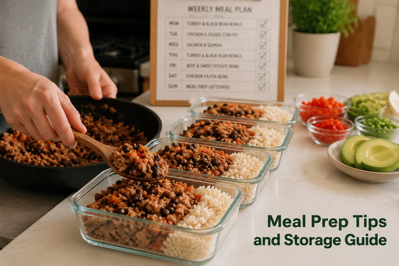 () showing a side-angle close-up shot of hands portioning cooked ground turkey and black beans into five matching