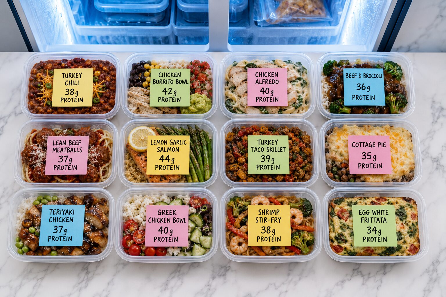 () showing a side-by-side comparison flat-lay of 12 distinct high-protein freezer meal containers, each labeled with a