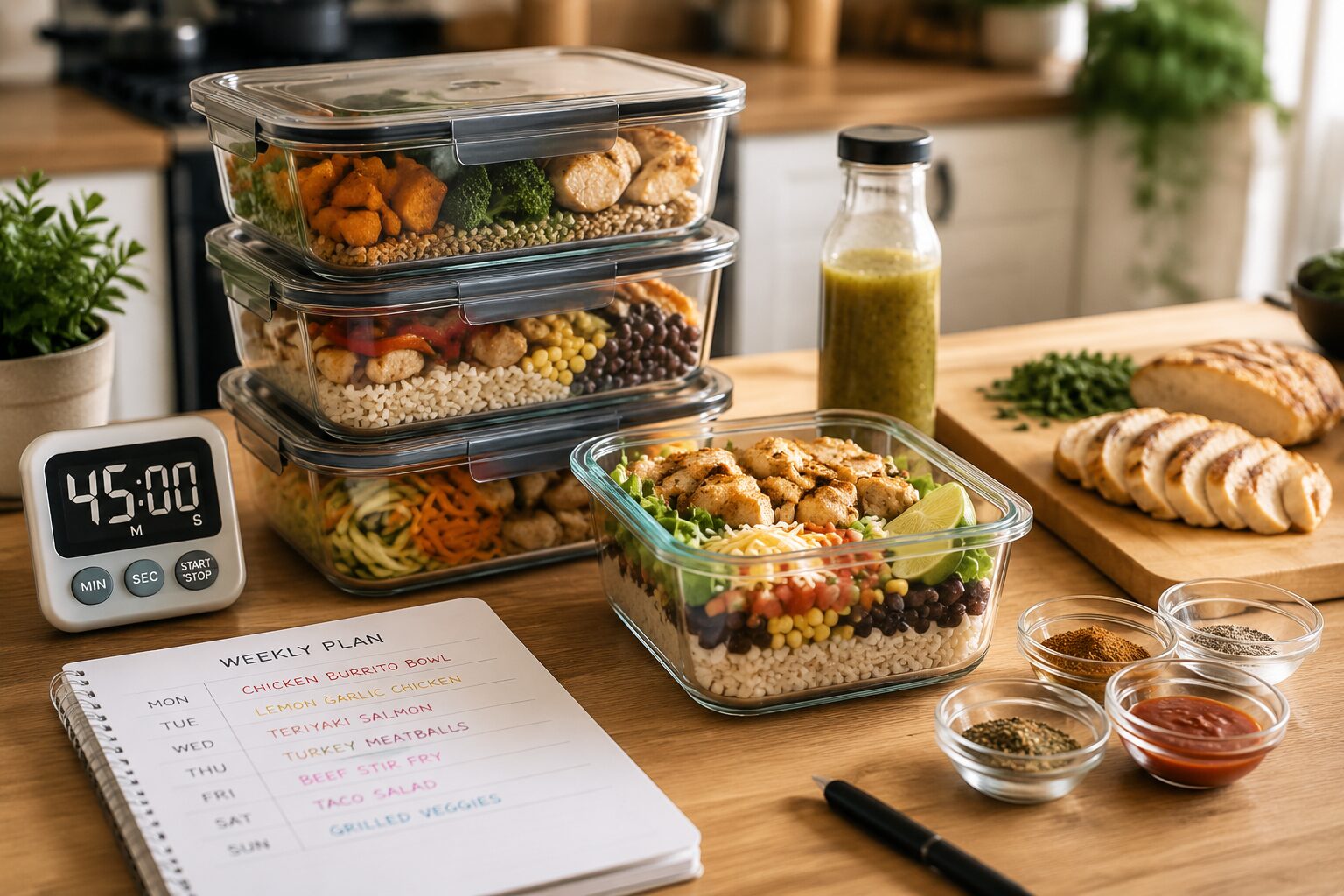 () side-angle shot of a meal prepper's kitchen workspace showing airtight glass containers being filled and stacked, a