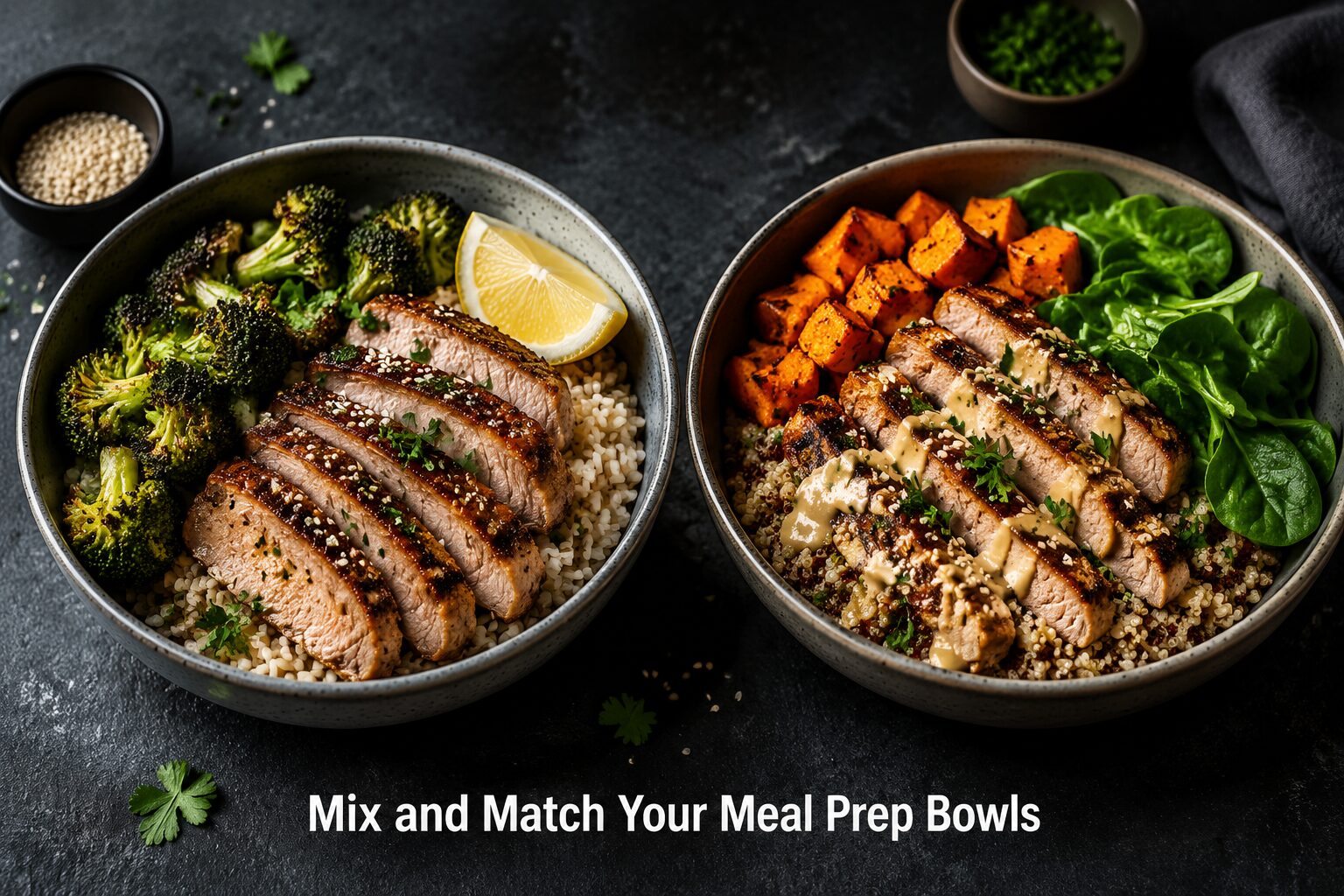 7 Air Fryer Pork Chops Meal Prep Ideas That Stay Juicy 4 () side-by-side comparison scene showing two meal prep bowls on a dark slate surface: left bowl contains sliced air fryer