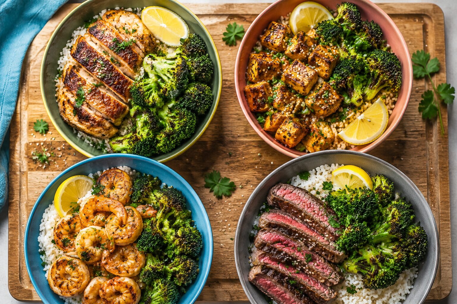 9 Air Fryer Broccoli Meal Prep Ideas That Reheat Well 4 () styled meal prep bowl photo from a top-down perspective showing four different completed high-protein bowls on a wooden