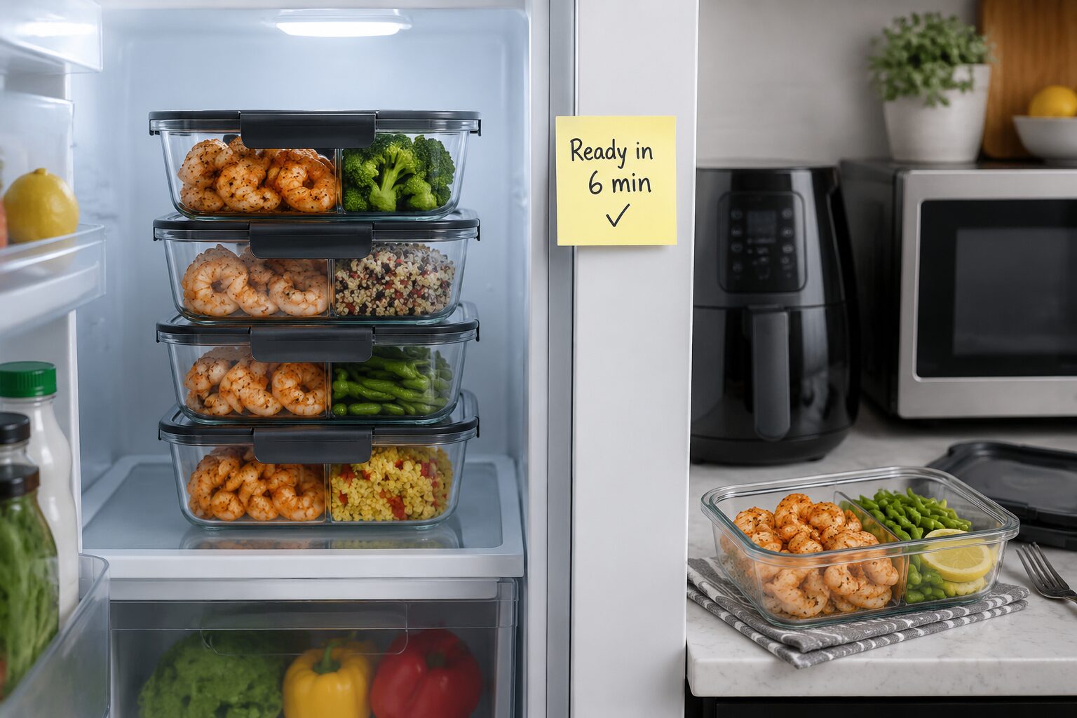 () styled meal prep storage scene showing four glass meal prep containers with lids, each filled with air-fried shrimp and