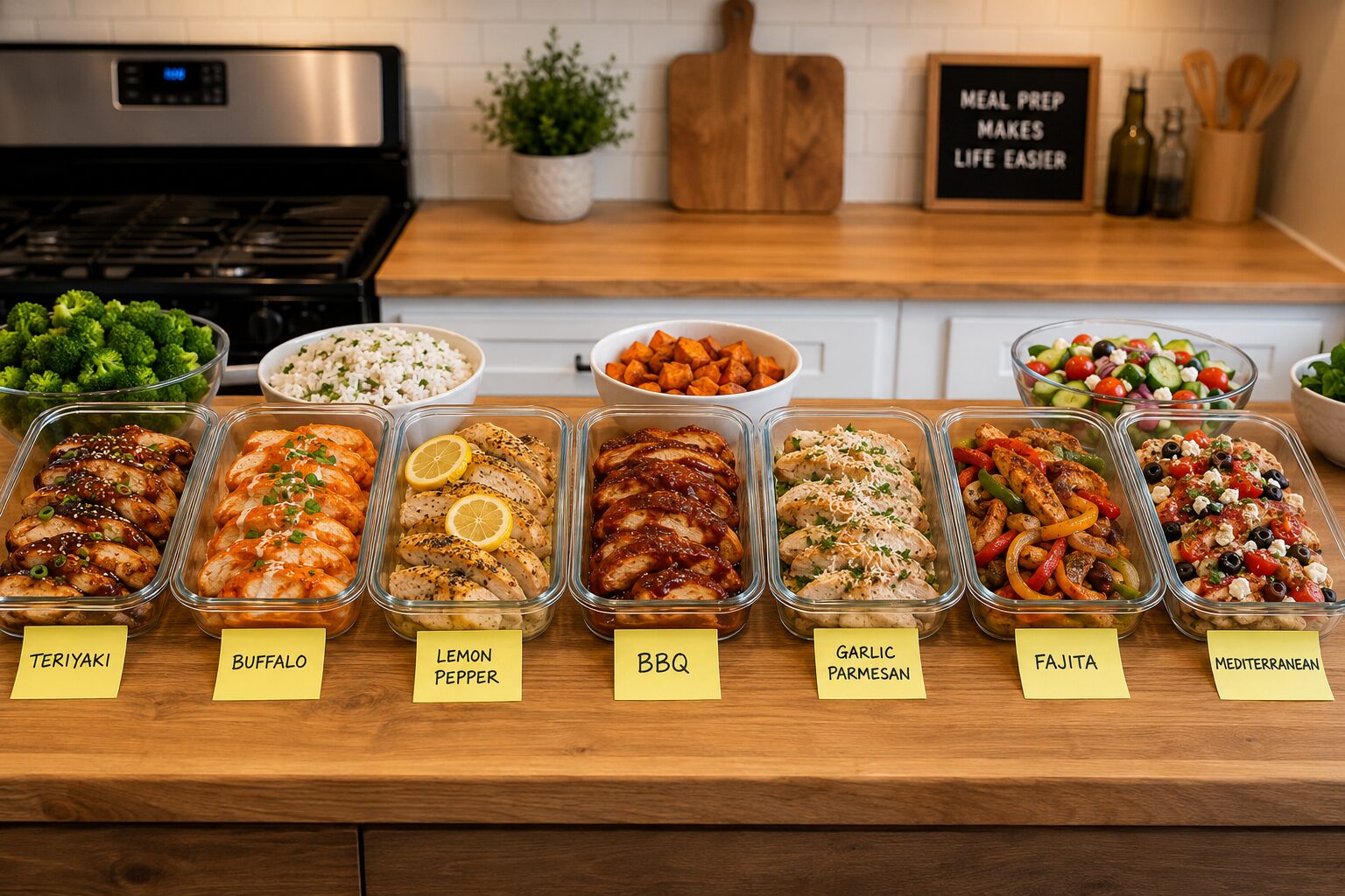 () wide-angle shot of a kitchen meal prep session in progress: seven distinct glass containers arranged in a row on a wooden